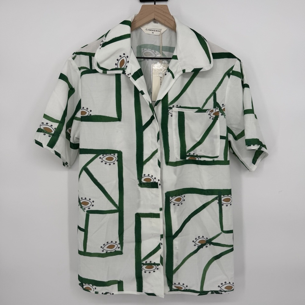 Commense Sz XS Oversized Geometric Abstract Print Short Sleeve Button Up Top - Picture 2 of 6